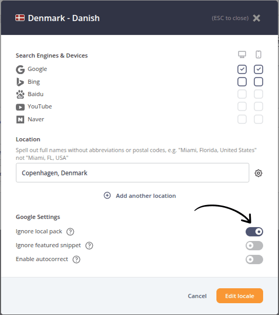 Locale settings dialog showing search engine, device, and location configuration options, with the Ignore local pack toggle enabled.