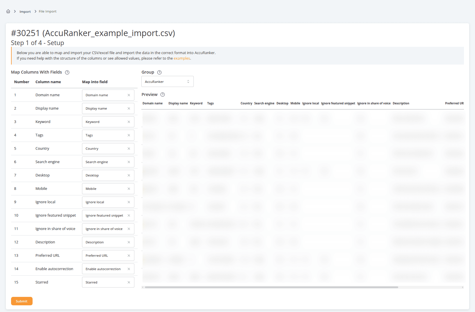 AccuRanker CSV import setup screen showing column mapping between imported file data and platform fields, with a preview table for validating keywords, domains, search engines, locations, tags, and tracking settings before import.
