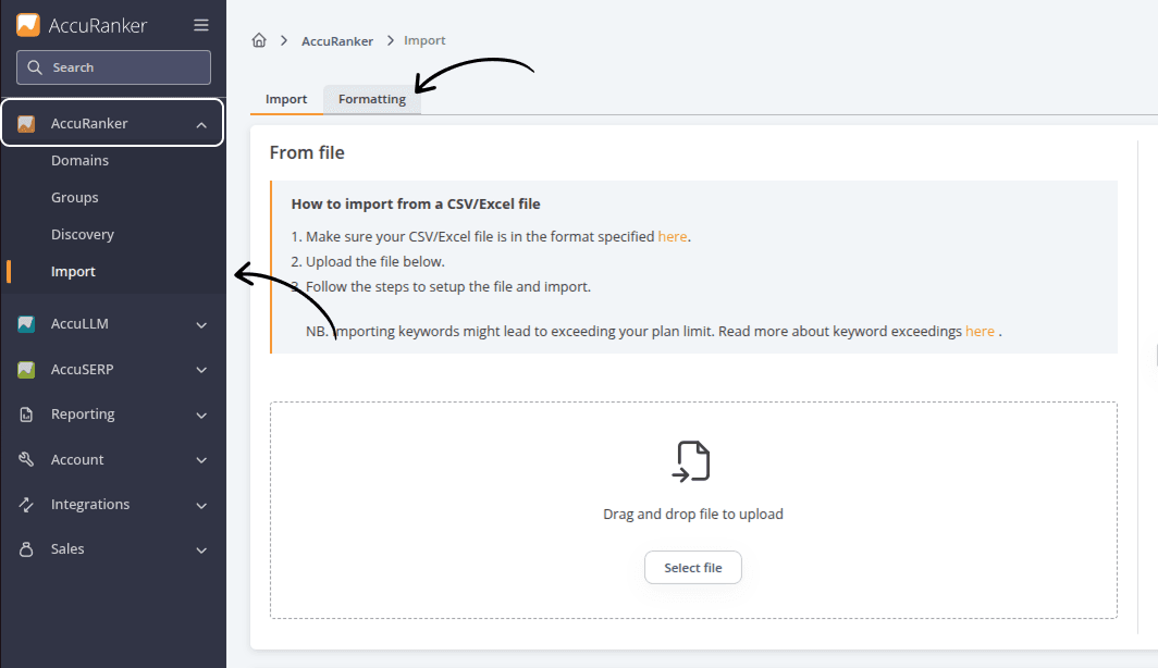 AccuRanker CSV import screen showing the workflow for uploading keyword and historical ranking data files, with options to select a file, configure formatting, and import data into the platform.