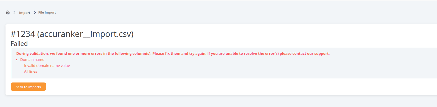 AccuRanker CSV import validation error screen showing a failed import due to an invalid domain name value, with detailed error messages highlighting the affected column and rows requiring correction before reimporting.