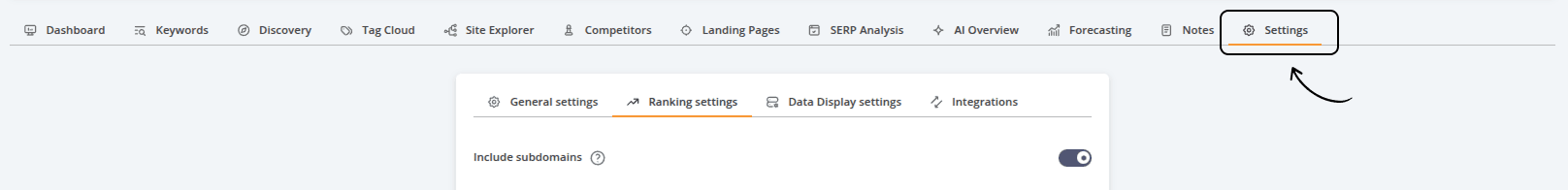 Screenshot from AccuRanker App showing where the settings tab is located