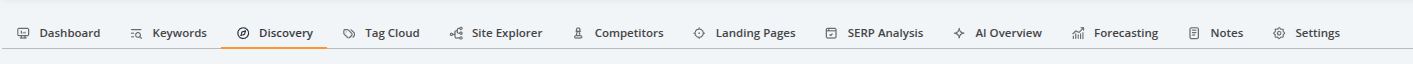 AccuRanker navigation menu with the Discovery tab highlighted, indicating the section for finding new keyword opportunities.
