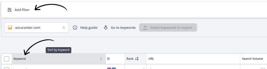 Discovery page with arrows highlighting the Add filter button and the Keyword column, showing where to filter and sort discovered keyword suggestions.
