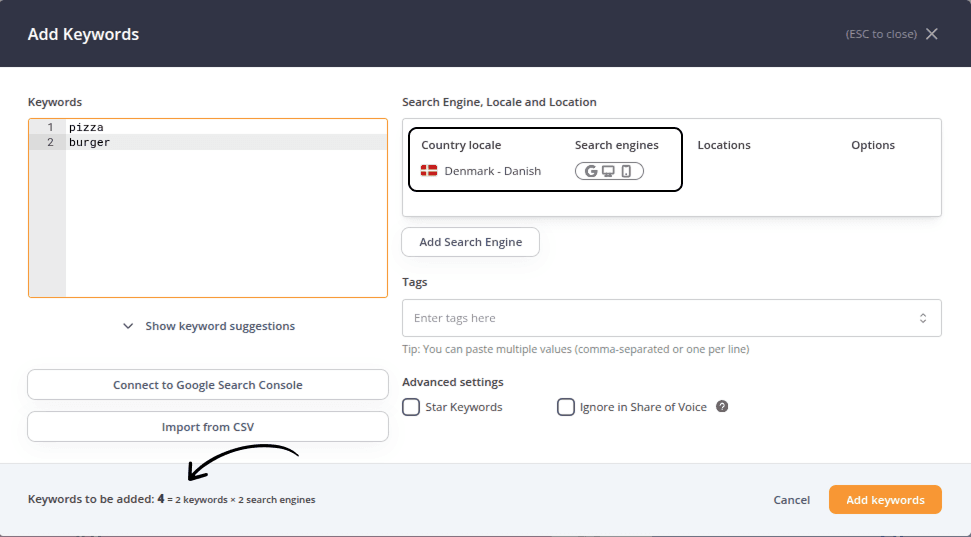 Add Keywords dialog showing two keywords and two selected search engine settings, with a note indicating that four keyword entries will be created because each keyword is added for both search engine configurations.