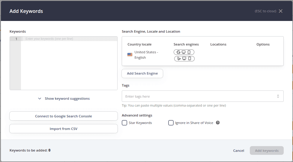AccuRanker Add Keywords screen showing search engine selection, locale and location settings, tag assignment, advanced tracking options, and support for YouTube keyword rank tracking configuration.