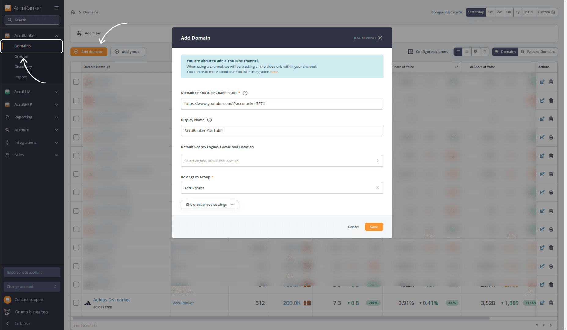 AccuRanker interface showing how to add a YouTube channel as a domain, with fields for channel URL, display name, search engine settings, and group assignment to enable YouTube keyword rank tracking.