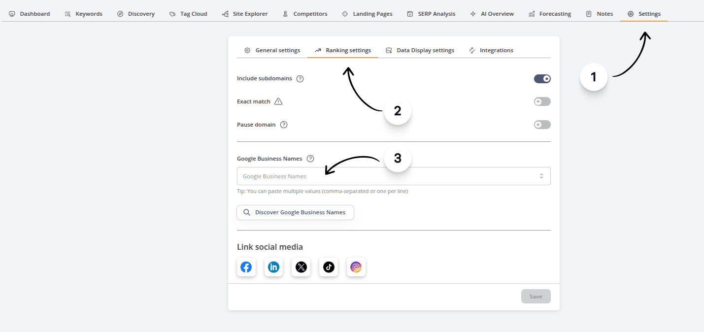 Annotated Ranking Settings page showing step 1: open Settings, step 2: select the Ranking settings tab, and step 3: enter one or more Google Business Names to track local pack rankings for specific business profiles.