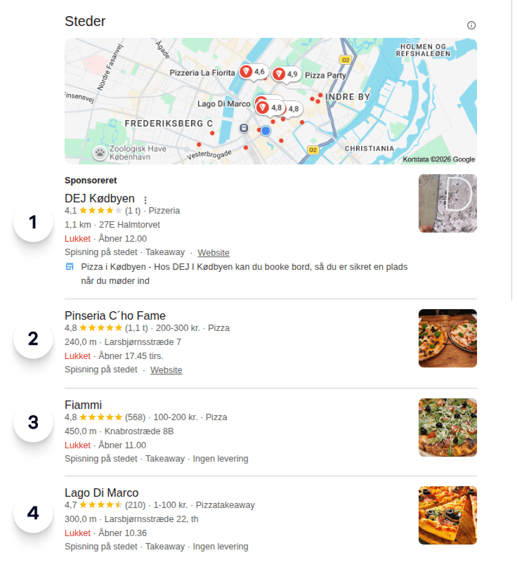 Google search results page showing a local pack with four business listings, including a sponsored Google Business Profile result at the top followed by organic local business listings.