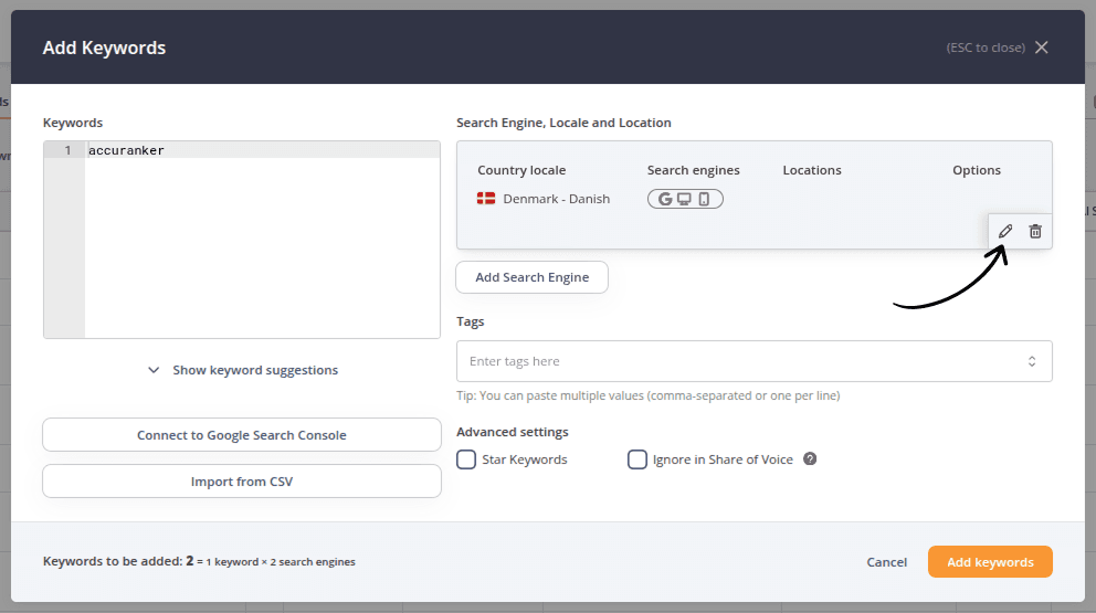 Add Keywords dialog with an arrow highlighting the edit location settings option for modifying the selected search engine, locale, and location configuration.