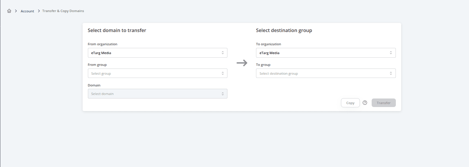 AccuRanker domain transfer and copy interface allowing users to move or duplicate a domain between organizations and groups while preserving tracking data and settings.