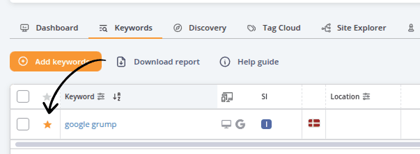 AccuRanker keyword list with a starred keyword marked as a favorite, highlighting how users can pin important keywords for quick access and tracking.