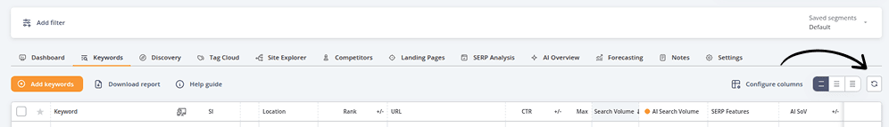 Screenshot from AccuRanker App showing where to find the Update on demand icon