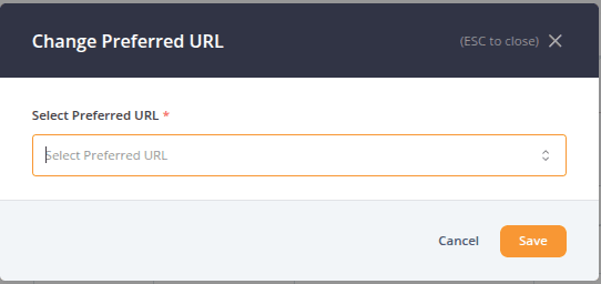 Change Preferred URL dialog with a dropdown menu for selecting the preferred landing page URL to associate with a keyword.