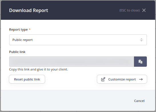 Download Report dialog with Public report selected, showing a shareable public link field, options to copy or reset the link, and a Customize report button.