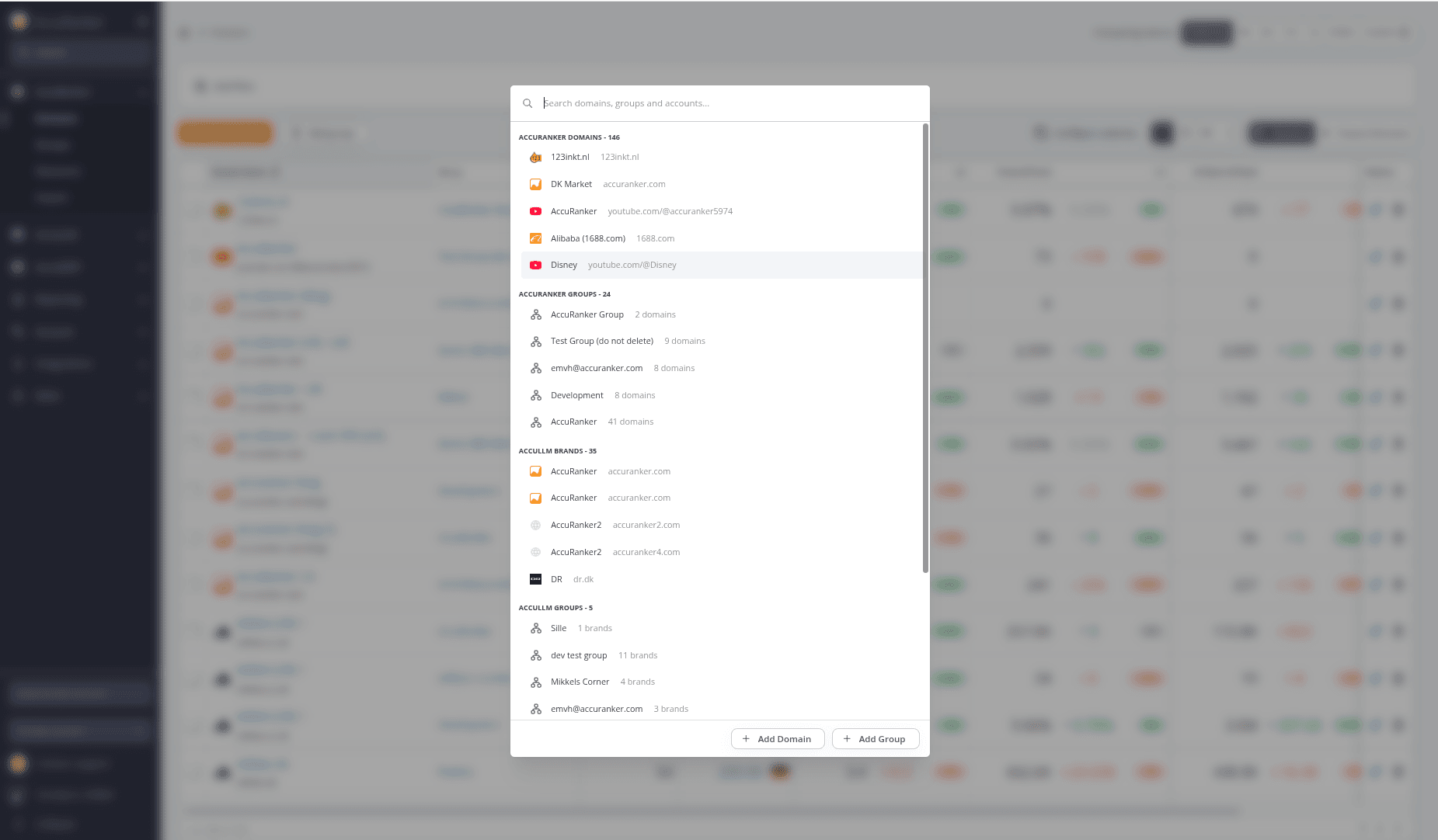 Screenshot from AccuRanker App showing the Quick Navigation