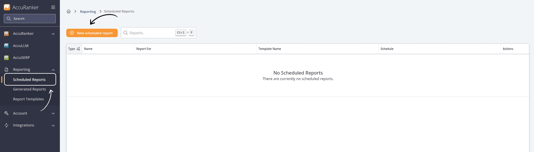 Screenshot from AccuRanker app showing where to find scheduled reporting