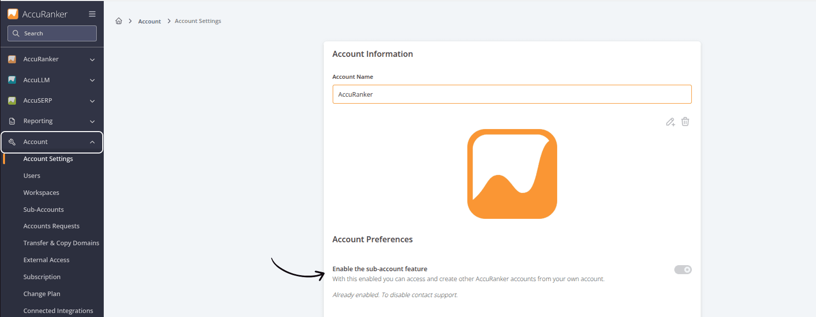 AccuRanker Account Settings page showing the sub-account feature enabled, allowing users to create, access, and manage multiple AccuRanker accounts from a single parent account.