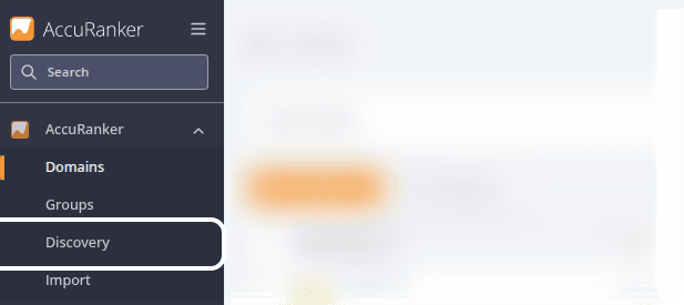 AccuRanker navigation menu with the Discovery section highlighted under Domains, showing where to access keyword discovery features.