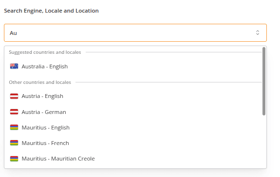 Screenshot from AccuRanker App showing a dropdown chosing a Search Locale