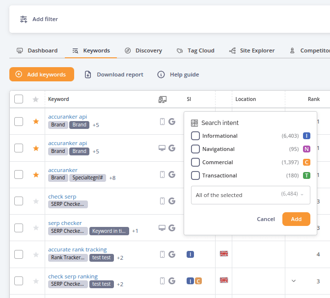 Keyword table with the Search intent filter menu open, displaying available intent categories and their keyword counts before any intent type has been selected.