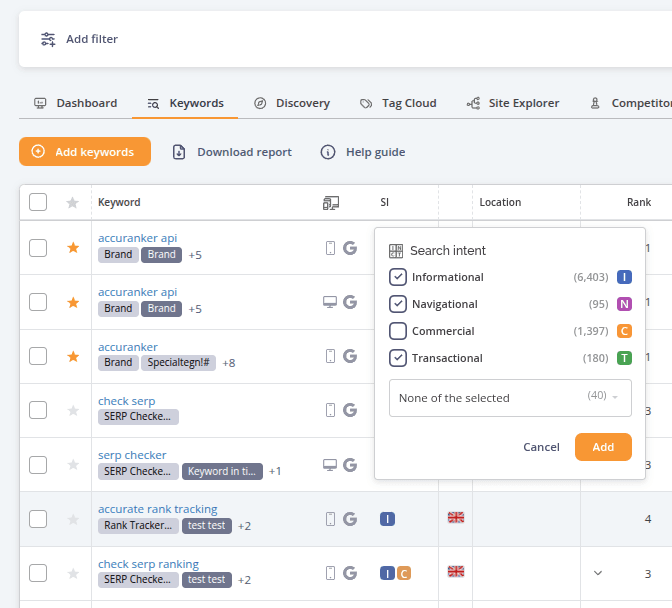 Keyword table with the Search intent filter menu open, showing Informational, Navigational, and Transactional intents selected and configured to exclude keywords matching those intent categories.