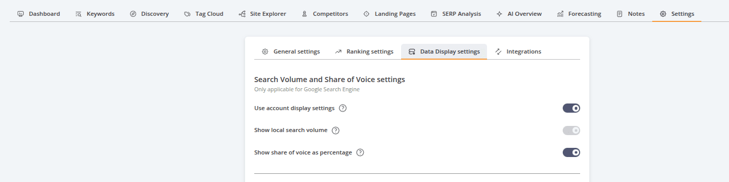 Data Display settings page showing options to use account display settings, enable local search volume, and display Share of Voice as a percentage.