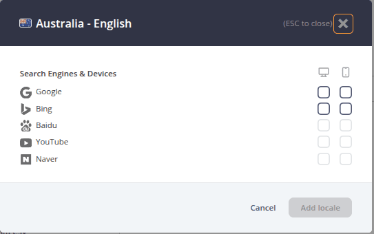 Screenshot from AccuRanker App showing Search Engine and device choices for a Search Locale