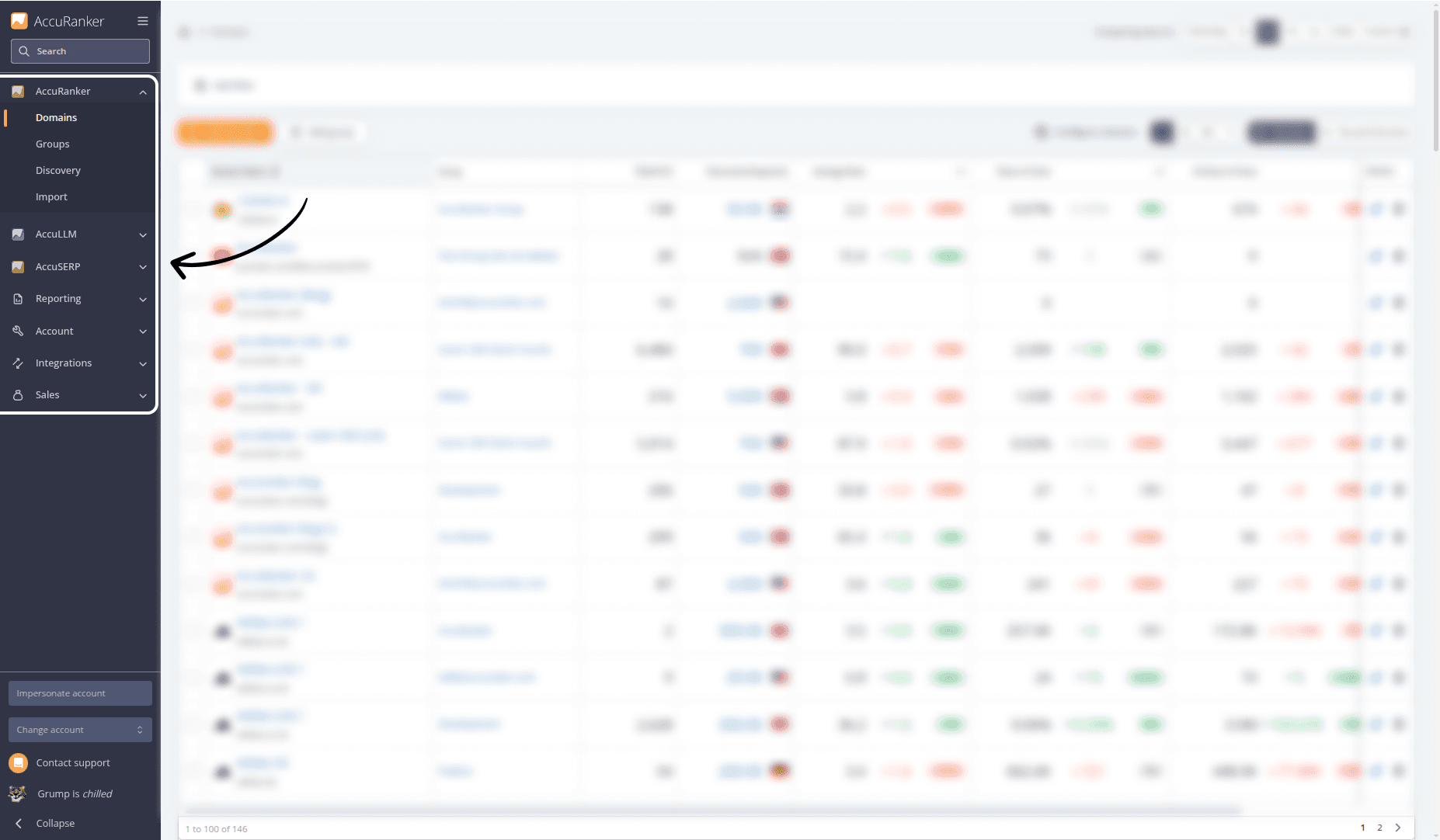 Screenshot from AccuRanker App showing the Sidebar Navigation Menu