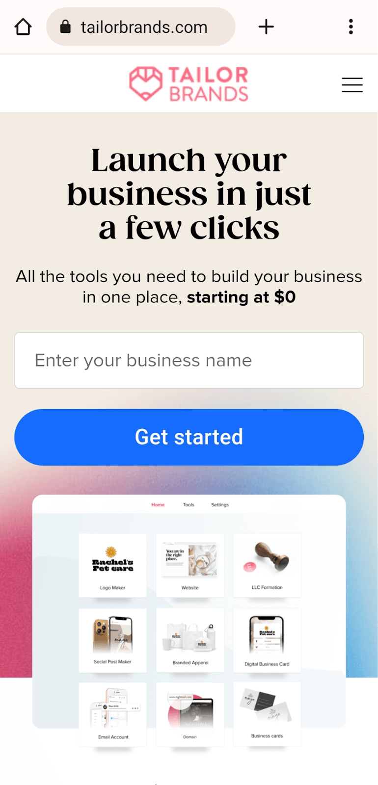 Optimize your site for mobile devices - Example Tailor Brands