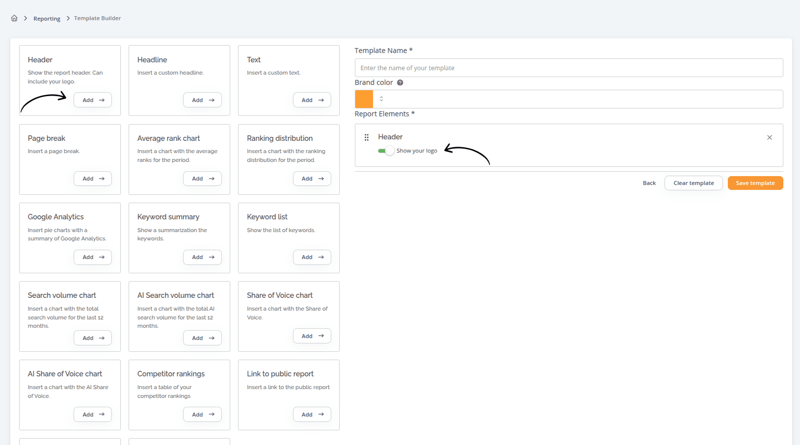Screenshot from AccuRanker App showing the Template Builder