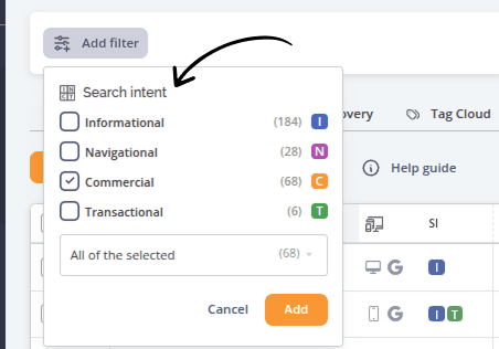 Search intent filter menu with Commercial intent selected, showing available intent categories and the option to add the selected filter.
