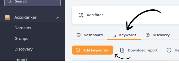 Screenshot from AccuRanker App showing where to find the keywords tab and adding keywords button