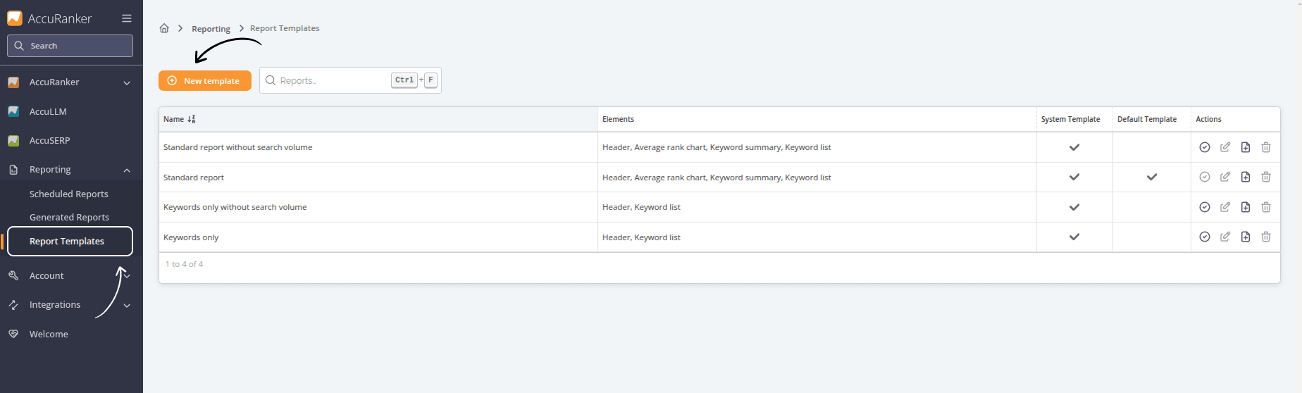 Screenshot from AccuRanker app showing where to find the reporting tab