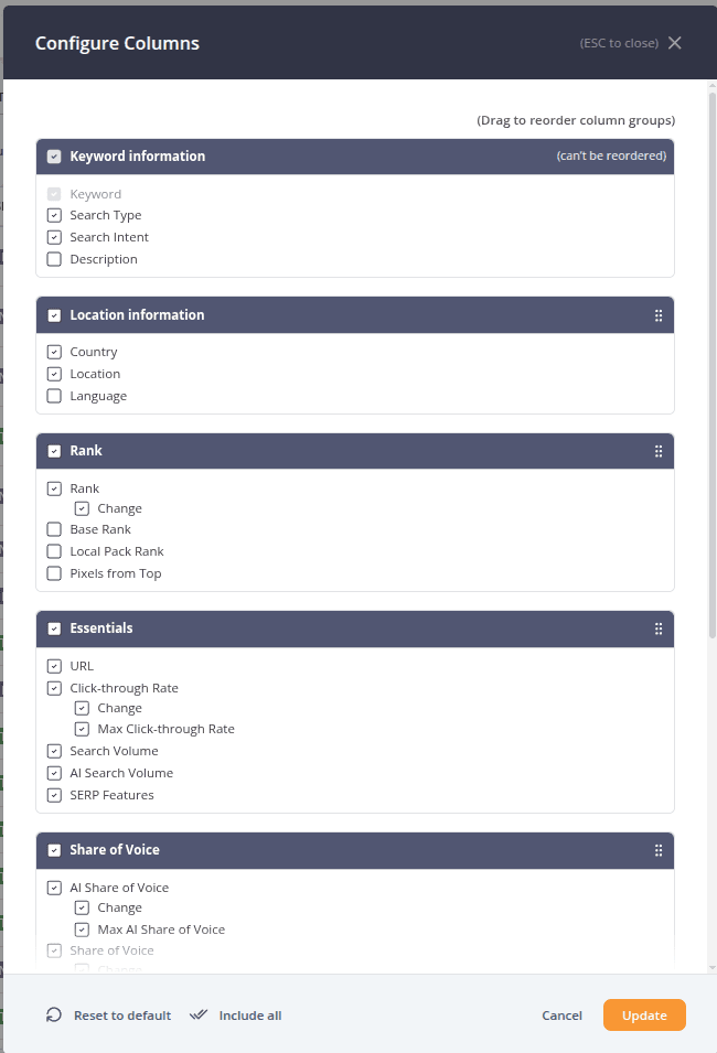 Configure Columns dialog showing selectable keyword table columns grouped by category, with options to enable, disable, and reorder column groups before updating the table layout.
