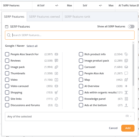 SERP Features filter menu displaying available Google and Naver SERP features, with options to search, select, and filter keywords based on specific SERP feature appearances.