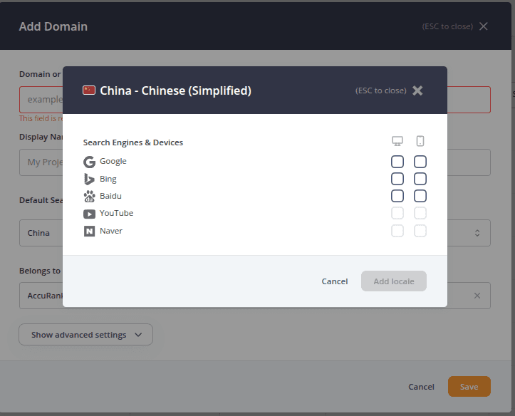AccuRanker locale configuration window showing support for tracking keyword rankings across multiple search engines in China, including Google, Bing, Baidu, YouTube, and Naver, with desktop and mobile device selection options.