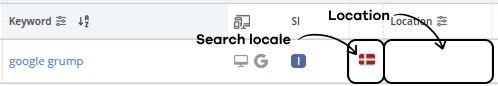 AccuRanker keyword overview showing the distinction between search locale and location settings, highlighting how local search targeting and geographic location can influence ranking results.