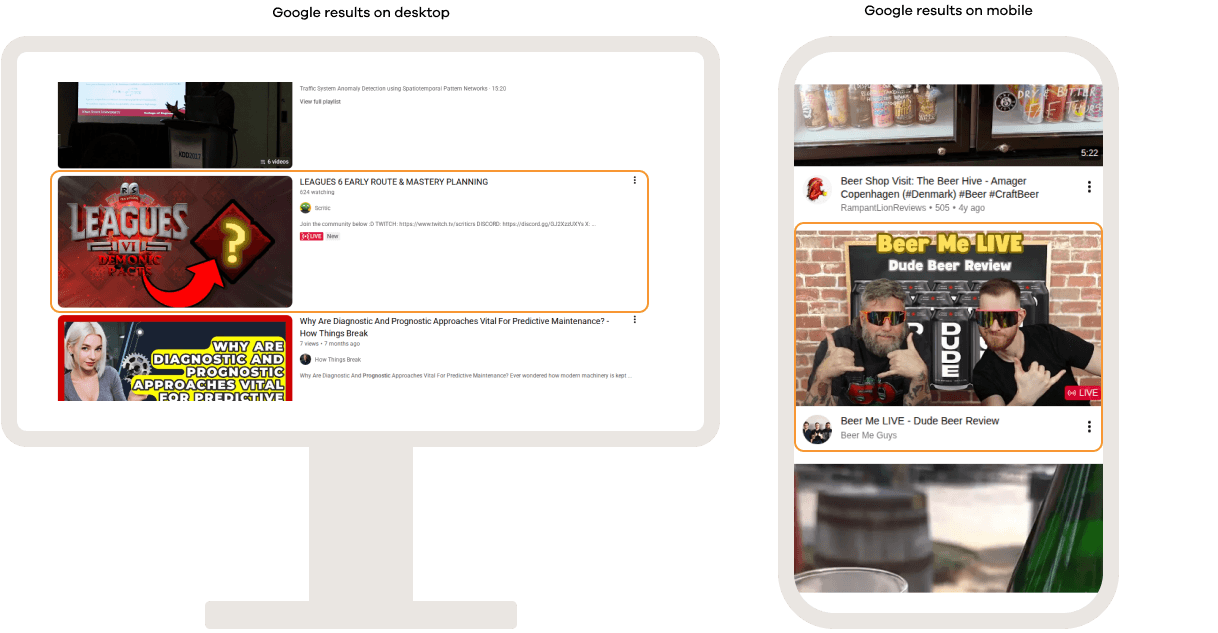 YouTube search results displaying live stream videos on desktop and mobile, highlighted with live badges, viewer counts, and real-time broadcasts prominently featured among video results.