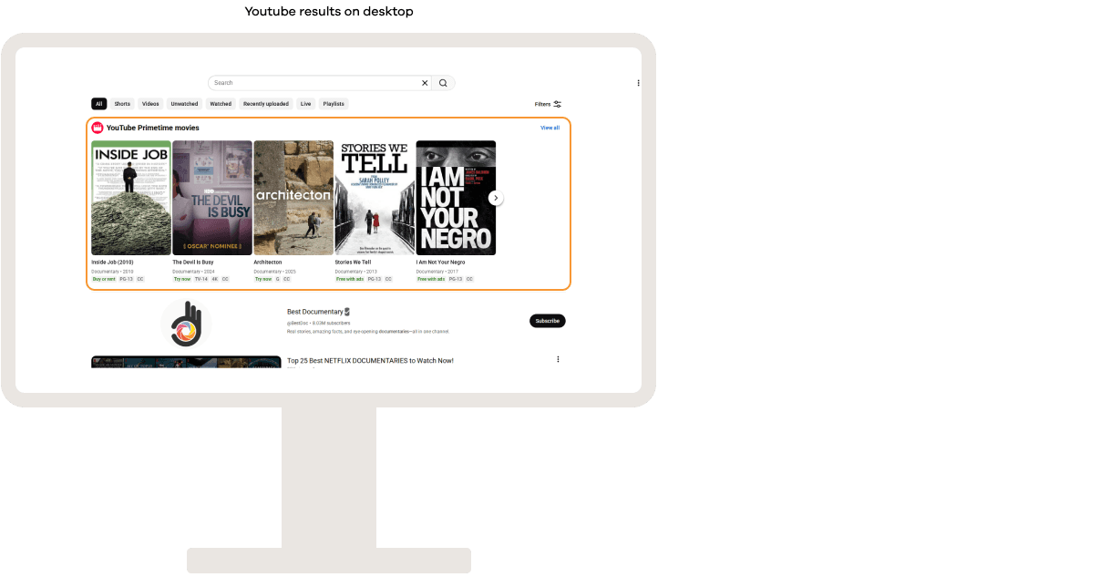 YouTube search results featuring a movie carousel, showcasing full-length films and documentaries available on YouTube with posters, release years, ratings, and viewing options.