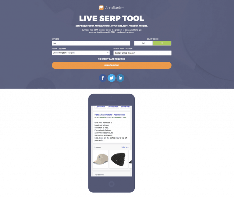 Accuranker live SERP tool- Location-specific search results