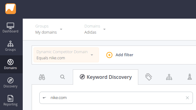 screenshot from keyword discovery where a competitor domain filter is added to the search