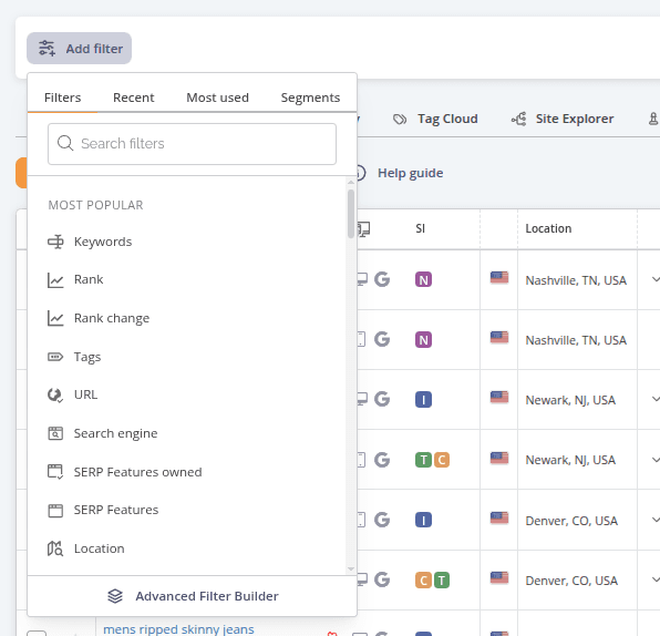 The Add Filter popover