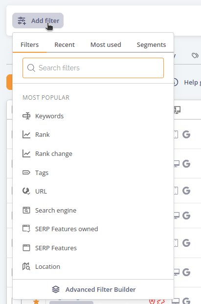 The Add filter popover, Filters tab