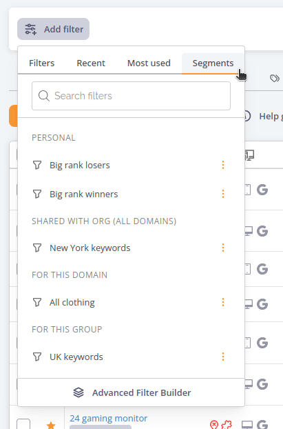 The Segments tab in the Add filter popover