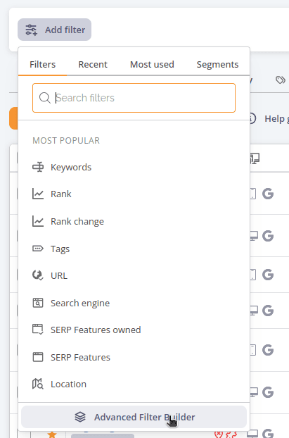 Opening the Advanced Filter Builder from the popover