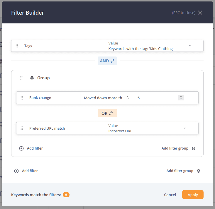 Filter Builder with nested AND/OR groups