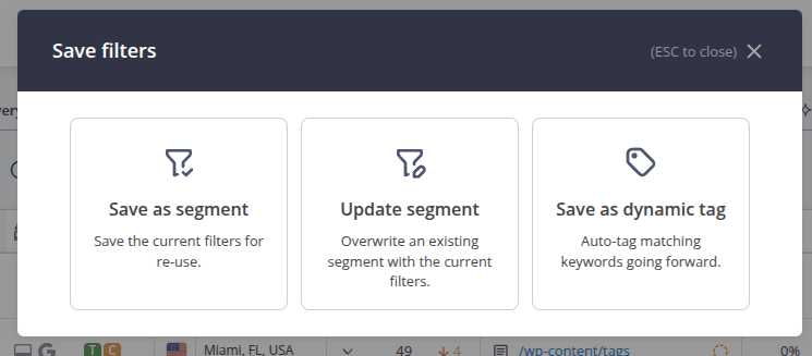 Save filters dialog: Save as segment, Update segment, and Save as dynamic tag