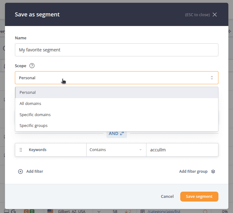 Save as segment with the Scope dropdown open