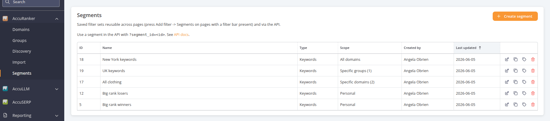 The Segments management page