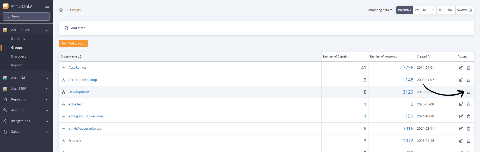 Screenshot from AccuRanker App showing where to delete a group